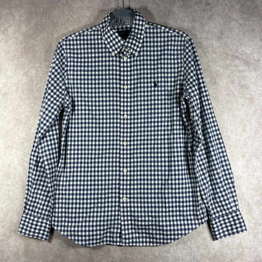Ralph Lauren Button Down Shirt Boys Size 12 Navy Gingham Slim Fit Cotton Classic